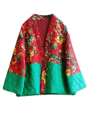 Art Red V Neck Print Patchwork Lace Up Fine Cotton Filled Witner Coat