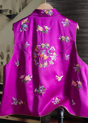 Art Rose Stand Collar Embroidered Patchwork Silk Vest Sleeveless