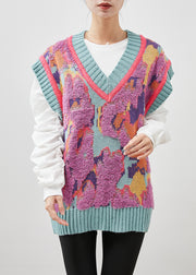Art Rose V Neck Jacquard Warm Knit Vest Winter
