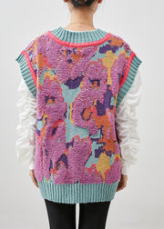 Art Rose V Neck Jacquard Warm Knit Vest Winter