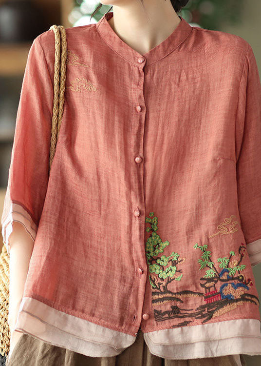 Art Rubber Red Embroidered Patchwork Linen Shirt Tops Summer
