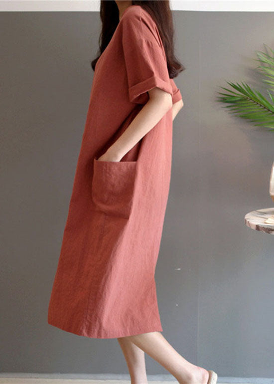 Art Rust V Neck Pockets Patchwork Linen Dresses Summer