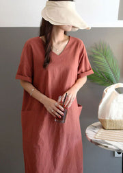Art Rust V Neck Pockets Patchwork Linen Dresses Summer