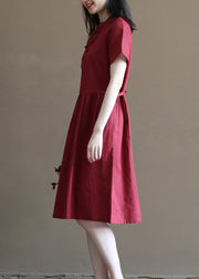 Art Solid Mulberry Stand Collar Cinched Pockets Linen Mid Dress Short Sleeve