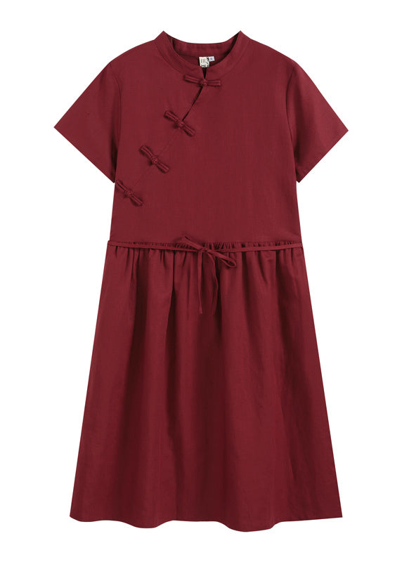 Art Solid Mulberry Stehkragen Cinched Pockets Leinen Mid Dress Short Sleeve