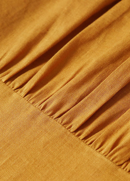 Art Solid Yellow Peter Pan Collar Patchwork Wrinkled Linen Maxi Dresses Sleeveless
