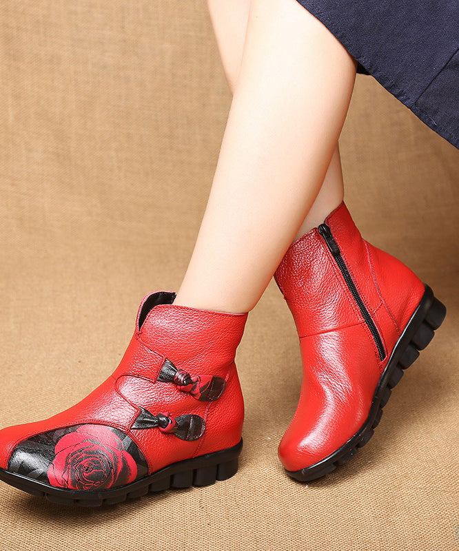 Art Splicing Embossed Ankle Boots Red Cowhide Leather