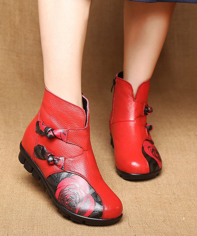 Art Splicing Embossed Ankle Boots Red Cowhide Leather