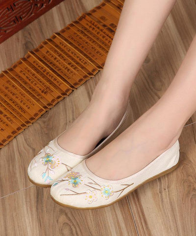 Art Splicing Flat Shoes For Women Beige Embroideried Cotton Linen Fabric - SooLinen