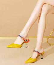 Art Splicing High Heel Yellow Cowhide Leather Slide Sandals Pointed Toe