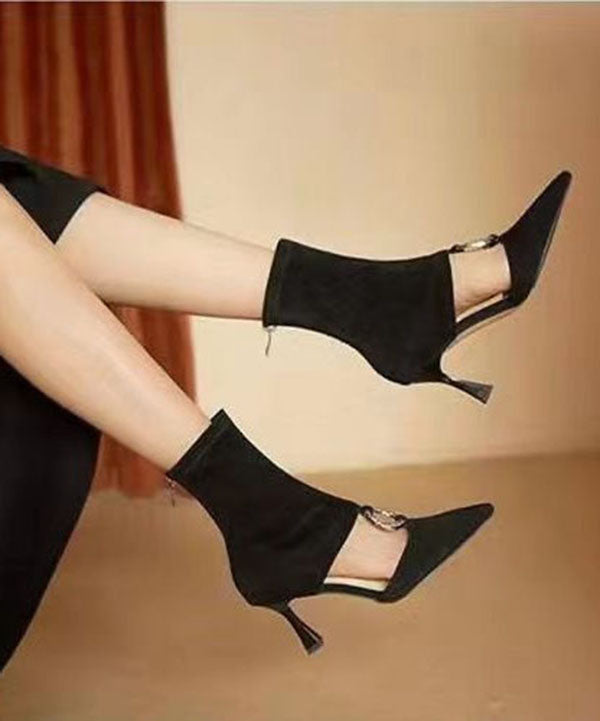 Art Splicing Zircon Hollow Out Pointed Toe Boots Black Suede