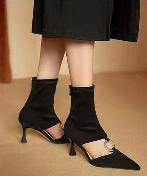 Art Splicing Zircon Hollow Out Pointed Toe Boots Black Suede