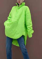 Art Stand Collar Low High Design Spring Pattern Sewing Green Blouse - SooLinen