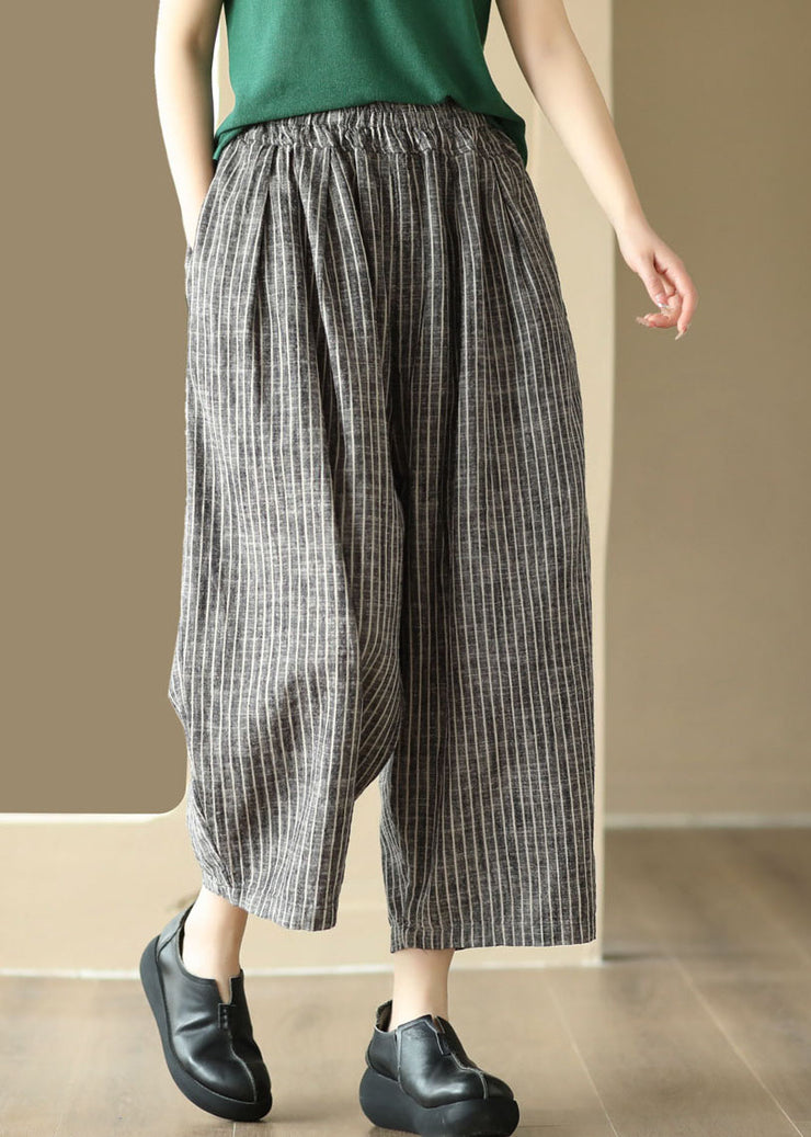 Art Striped Pockets Elastic Waist Patchwork Linen Pants Summer