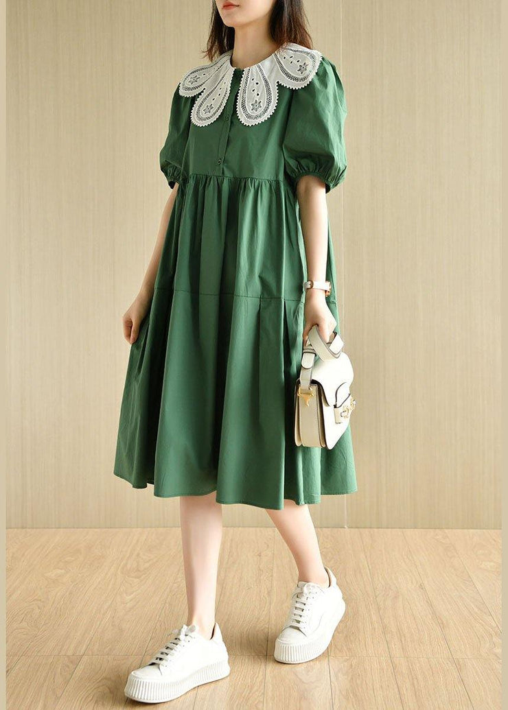 Art Tea Green lantern sleeve Button Summer Cotton Vacation Dresses - SooLinen