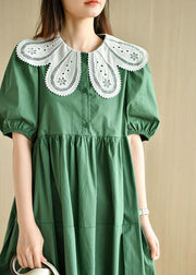 Art Tea Green lantern sleeve Button Summer Cotton Vacation Dresses - SooLinen