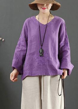 Art V Neck Embroidery Spring Purple Blouse - SooLinen