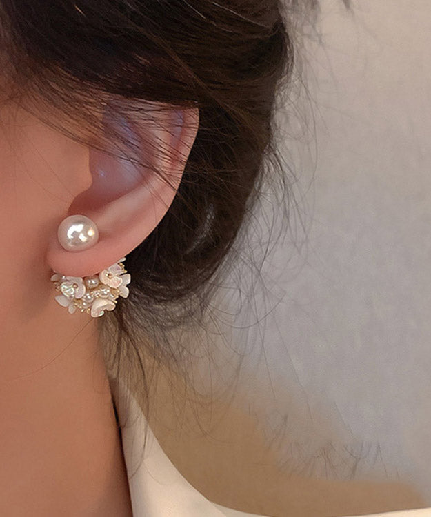Art White Alloy Acrylic Pearl Zircon Floral Stud Earrings