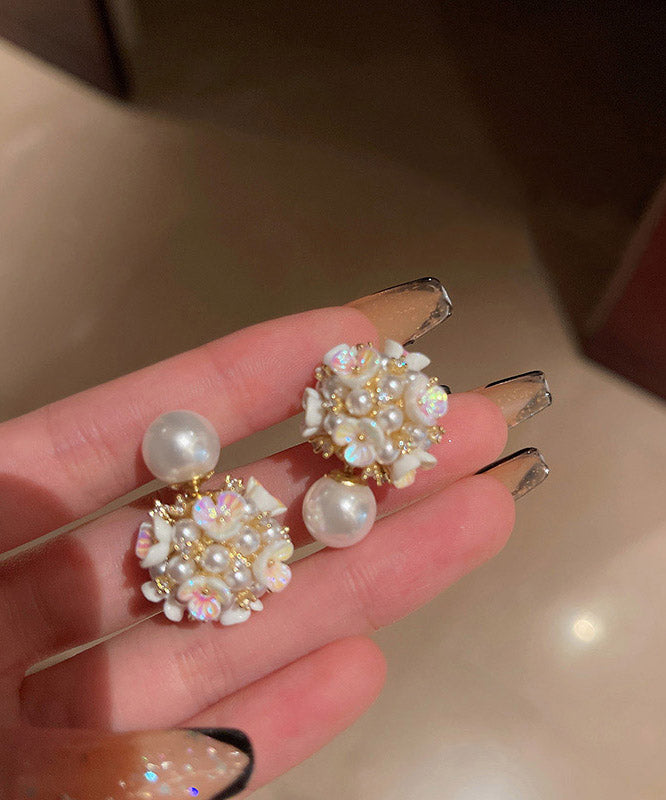 Art White Alloy Acrylic Pearl Zircon Floral Stud Earrings