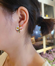 Art White Alloy Asymmetric Design Drip Glaze Chrysanthemum Stud Earrings