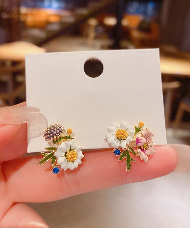 Art White Alloy Asymmetric Design Drip Glaze Chrysanthemum Stud Earrings