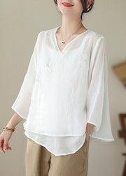 Art White Asymmetrical Embroidered Chinese Button Linen Shirt Tops Summer