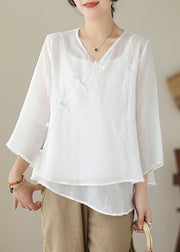 Art White Asymmetrical Embroidered Chinese Button Linen Shirt Tops Summer