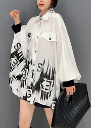 Art White Asymmetrical Oversized Print Chiffon Shirt Top Batwing Sleeve