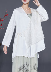 Art White Asymmetrical Patchwork Lace Up Silk Shirts Fall