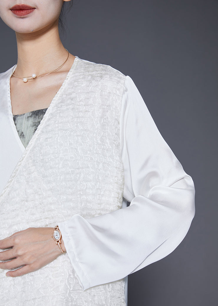 Art White Asymmetrical Patchwork Lace Up Silk Shirts Fall