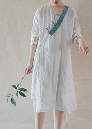 Art White Button Tie Taille Asymmetrisches langes Leinenkleid Frühling