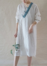 Art White Button Tie Taille Asymmetrisches langes Leinenkleid Frühling
