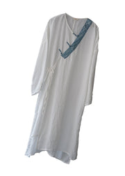 Art White Button tie waist Asymmetrical Linen Long Dress Spring
