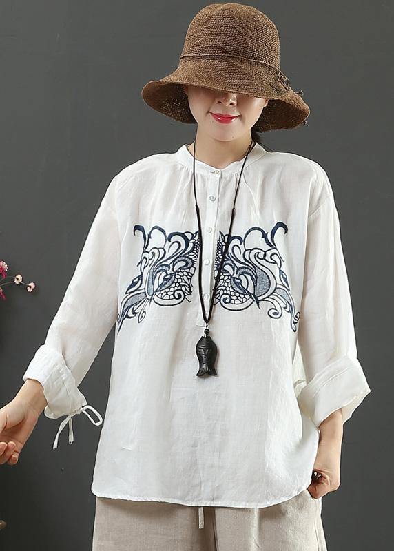 Art White Embroidery Tops Women Stand Collar Daily Spring Top - SooLinen