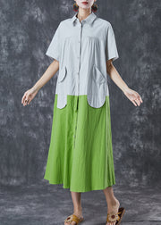 Art White Green Oversized Patchwork Pockets Cotton Shirt Dresses Summer