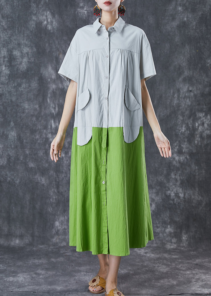 Art White Green Oversized Patchwork Pockets Cotton Shirt Dresses Summer