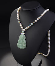 Art White Jade Pearl Zircon Pendant Necklace