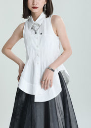 Art White Peter Pan Collar Asymmetrical Design Cotton Cinch Top Sleeveless
