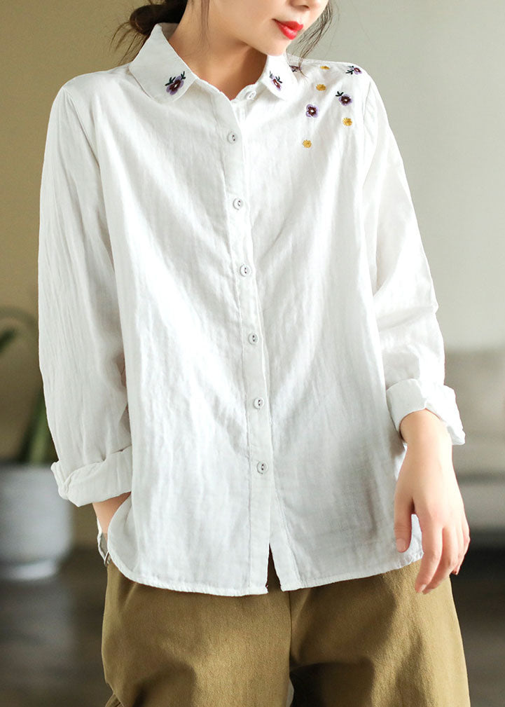 Art White Peter Pan Collar Embroidered Cotton Shirt Spring