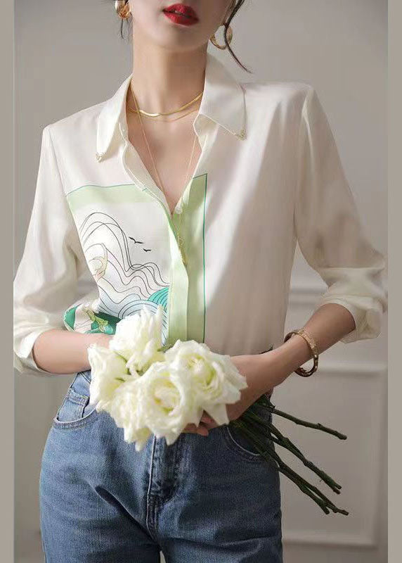 Art White Peter Pan Collar Print Chiffon Shirt Tops Spring