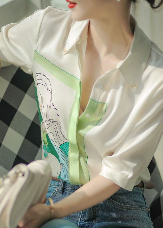 Art White Peter Pan Collar Print Chiffon Shirt Tops Spring
