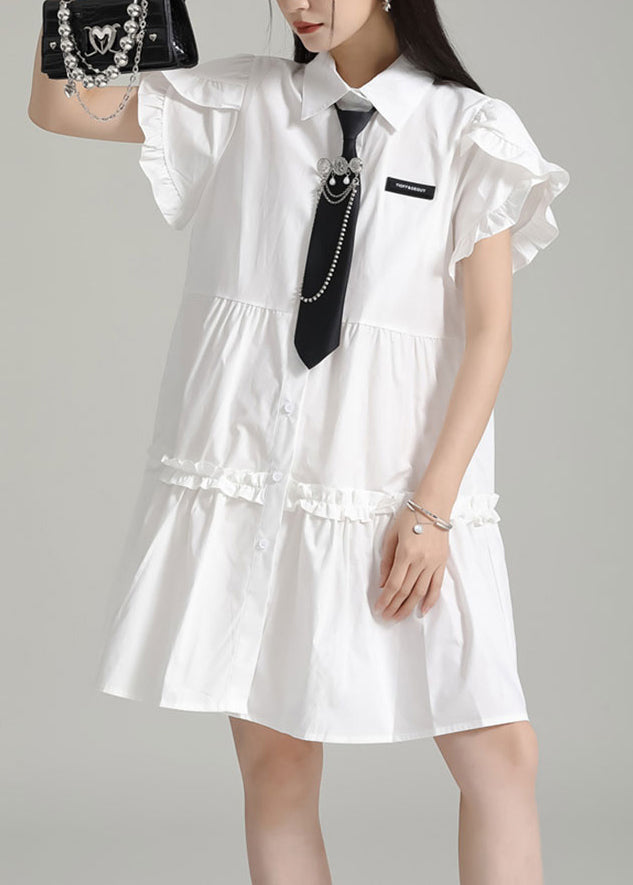 Art White Peter Pan Collar Ruffled Patchwork Cotton Shirts Dress Summer