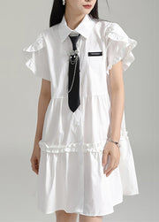 Art White Peter Pan Collar Ruffled Patchwork Cotton Shirts Dress Summer