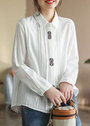 Art White Peter Pan Collar button Embroidered Cotton Shirt Tops Spring