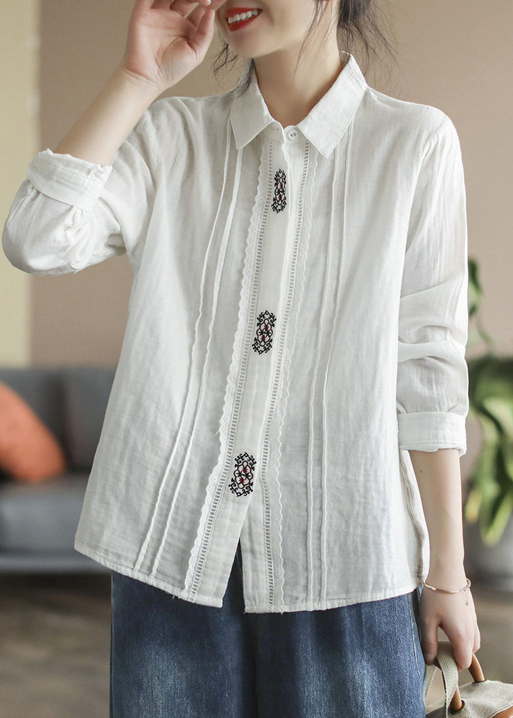 Art White Peter Pan Collar button Embroidered Cotton Shirt Tops Spring