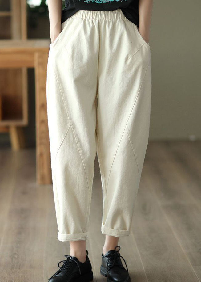 Art White Pockets Patchwork Elastic Waist Cotton Harem Pants Spring