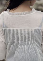 Art White Rüschen Solid Cotton Shirt Tops Dreiviertel-Ärmel