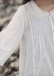 Art White Ruffled Solid Cotton Shirt Tops Three Quarter sleeve