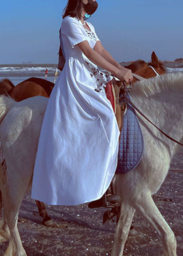 Art White Square Collar Patchwork Print Exra Large Hem Silk Long Dresses Short Sleeve