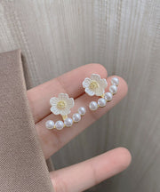 Art White Sterling Silver Alloy Pearl Floral Stud Earrings
